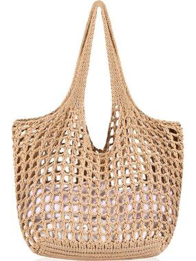 Women's Light Brown Crochet Mesh Tote Bag Shoulder Lightweight Shopping Handbag